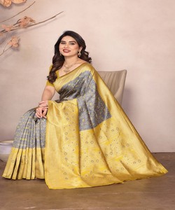 Sari de seda amarillo y gris con borde estampado, traje tradicional indio para bodas, para mujeres - Product Image 2