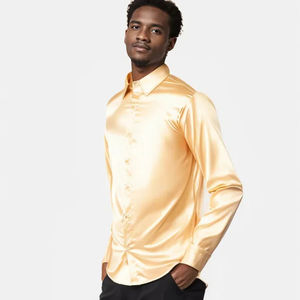Camisa informal de seda satinada para hombre, camisa ajustada de manga larga con botones y cuello de solapa, camisa de vestir, tops de moda para fiesta para hombre - Product Image 2