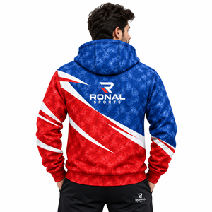 Sweat-shirt à capuche pour homme RONAL SPORTS, impression par sublimation, couleurs contrastées rouge et bleu, design sportif, respirant, coupe classique, vêtements d'automne - Product Image 4