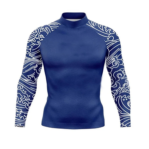 เสื้อรัดรูปแขนยาวสีน้ำเงินสำหรับผู้ชาย พิมพ์ลายคลื่นสีขาว แห้งเร็ว ผลิตจากโพลีเอสเตอร์ผสมสแปนเด็กซ์ เหมาะสำหรับ MMA  แบบยูนิเซ็กซ์ - Product Image 1