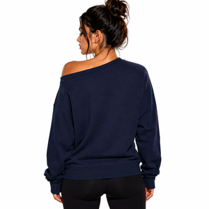 Sudadera con capucha de algodón polar azul marino con hombros descubiertos y pedrería para mujer, con bolsillo canguro, de marca personalizada, fabricante mayorista - Product Image 2