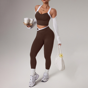 Women's <b>Navy</b> Blue Seamless Sports Bra Leggings <b>Set</b> Contrast Binding Deep V-Neck Crisscross Straps Fitness Activewear Outfit - Product Image 2