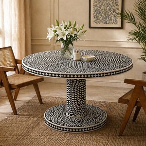 Table à manger ronde moderne en os incrusté de motifs floraux, faite à la main et écologique, pour baptême - Product Image 4