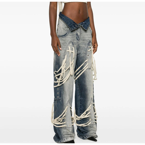 Jean large à lacets pour femme, en denim déchiré, style streetwear, avec détails en dentelle, taille haute, coupe baggy, jambe évasée - Product Image 6