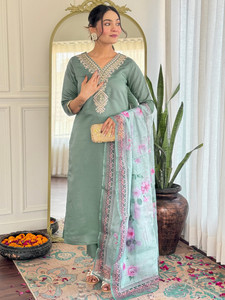 Green Rayon Quick Dry Spring Summer Autumn Knee-Length <b>Kurta</b> Set Embroidered Neckline Floral Dupatta <b>Women</b> Traditional Casual - Product Image 1