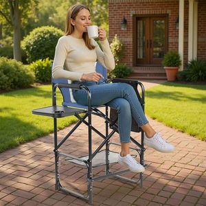 31\" <b>Tall</b> Portable Bar Height Directors Chair with Cup Holder & Side <b>Table</b> Storage 4-Fold Camping Chair and Footrest - Product Image 6