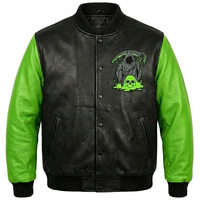 Veste d'hiver pour homme en cuir véritable noir et vert, coupe-vent, col mandarin, avec broderie tête de mort Grim Reaper, style streetwear