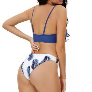Women's <b>Bikini</b> <b>Set</b> Crossed Halter Top <b>White</b> Palm Print Cheeky Bottom Spandex Polyester Stretch Swimwear - Product Image 2