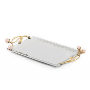 Plateau de service rectangulaire élégant en métal avec poignées en forme de branche florale rose, accessoires décoratifs pour la maison, la cuisine et la salle de bain à prix réduit - Product Image 3