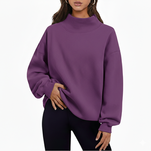 Sweat-shirt à col roulé oversize pour femme, couleur unie, épaules tombantes, manches longues, en coton tricoté, respirant, longueur standard, pour l'automne - Product Image 2