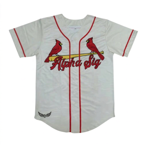 Camiseta de Béisbol Blanca para Hombre con Diseño de Cardenales Rojos y Bate, Manga Corta, Cierre de Botones, Impresión Serigrafiada, Material de Poliéster - Product Image 1