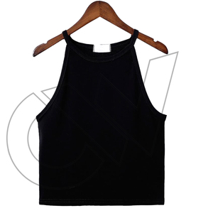 Top Corto de Punto Negro sin Mangas para Mujer, Cuello Redondo, Color Sólido, Corte Regular, Ropa de Verano, Bordado, Ecológico - Product Image 1