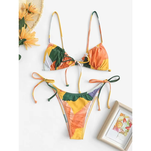Conjunto de bikini de dos piezas para mujer, traje de baño ajustable con lazo lateral en color contrastante para damas - Product Image 5