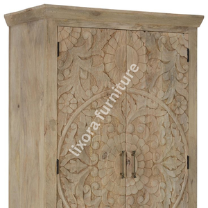 Luxury Handcrafted Solid Wood 2 Door <b>Wardrobe</b> Ornate Floral Mandala Carving Natural Mango Finish - Product Image 5