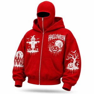 Custom Halloween Full <b>Zip</b> Mask Hoodie Red Oversized Streetwear Hoodie Gothic Pumpkin Scarecrow Haunted House Print Unisex Hoodie - Product Image 1