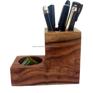 Portalápices compacto de madera con borde curvo Organizador de escritorio hecho a mano para oficina y mesa de estudio - Product Image 6