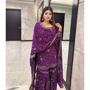 TRENDING GEORGETTE BORDADO SECUENCIA TRABAJO TOP SHARARA CON DUPATTA VINO - Product Image 1