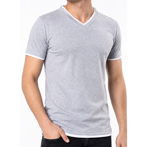 Camiseta de cuello en V gris claro para hombre con ribete en contraste blanco, de alta demanda |   Camiseta Básica Casual de Manga Corta - Product Image 1