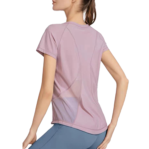 T-shirt ajusté à manches courtes et col rond pour femme, avec empiècements en maille, respirant, anti-humidité et séchage rapide, idéal pour le sport - Product Image 4