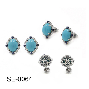 14KW <b>Turquoise</b> (Oval) 3.06 CT, Blue Sapphire (Round) 0.21 CT, White Diamond (Round) 0.11 CT <b>Earrings</b> - Product Image 1