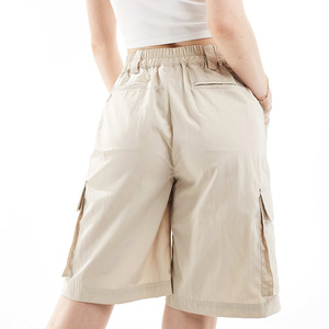 Short cargo femme taille mi-haute en toile de coton couleur unie, séchage rapide, respirant, taille élastique, design décontracté avec poches, délavé à la pierre - Product Image 6