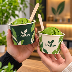 ถ้วยไอศกรีมกระดาษแบบผนังเดียว EcoRev ลายใบไม้ พิมพ์ดิจิทัล ย่อยสลายได้ เกรดสำหรับอาหาร บรรจุภัณฑ์จากวัสดุรีไซเคิล ผลิตตามสั่ง - Product Image 1