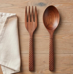 Ensemble cuillère et fourchette en bois, poli à la main, design minimaliste, couverts durables pour la restauration, le camping et les événements - Product Image 1