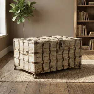 Vintage Heritage Reclaimed Acacia <b>Wood</b> <b>Storage</b> Trunk <b>Chest</b> Box Coffee Table with Metal Fittings Bleached Finish for Home Decor - Product Image 3