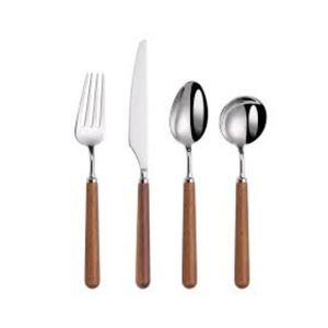 Ensemble de couverts élégants en métal avec manche en bois, couverts en acier inoxydable, cuillère, fourchette, couteau, vaisselle de cuisine, finition premium - Product Image 1