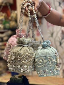 Unique Design Beige Silk Potli Bag <b>Pink</b> Mirror Work Zardosi Embroidery Women Wedding Bridal Drawstring <b>Purse</b> Ethnic Handbag - Product Image 3