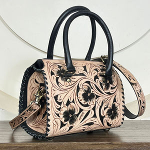Personalized Handmade Women Hand <b>Tooling</b> Floral <b>Leather</b> Speedy Bag High Quality Genuine Cowhide <b>Leather</b> Weekender Duffle Handbag - Product Image 5