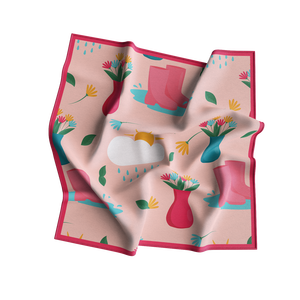 Printed Silk Scarf Square Shawl Floral Rain Boot Pattern <b>Pink</b> Border Gift <b>Wrap</b> - Product Image 1