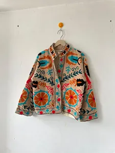 Luxury Champagne <b>Velvet</b> Floral Embroidered Suzani <b>Jacket</b> Full Sleeve Stand Collar Bohemian <b>Women's</b> Spring Outerwear - Product Image 2