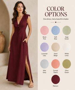 Vestido largo de lino OEM personalizado para mujer, color rojo vino, con cuello en V, lazo frontal, sin mangas, abertura alta, informal, de verano, para playa - Product Image 2
