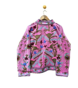 Chaqueta MONIT MARKETING Hecha a Mano, Unisex, de Terciopelo Rosa con Bordado Floral, Transpirable, Estilo Boho Chic, con Cierre de Cremallera y Cuello Mao, Talla 25 - Product Image 2