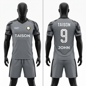 Maillot de football pour homme 140g en polyester interlock premium gris et noir uni à manches courtes, impression numérique personnalisée, marque d'équipe, anti-rétrécissement - Product Image 1
