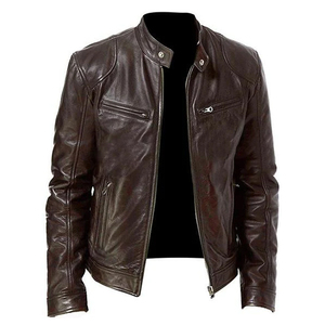 Factory Wholesale Casual Leather Custom Logo Streetwear Stand Collar Slim Fit <b>Zip</b> Pocket Motorcycle <b>jacket</b> for menther <b>Jacket</b> - Product Image 4