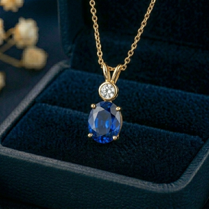 Collar con colgante ovalado azul chapado en oro con cadena de cuerda con piedra transparente redonda para mujer - Product Image 2