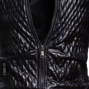 Chaqueta de Moto para Hombre de Cuero Genuino Transpirable, Cuello Alto, Acolchada, Cierre de Cremallera Frontal, Corte Ajustado, Largo Regular, Color Negro Sólido, Estilo Urbano - Product Image 3