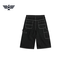 Shorts cargo décontractés en jean noir pour homme, coupe droite, taille basse, poches utilitaires imprimées avec surpiqûres, pour l'été, délavage clair, respirant - Product Image 2