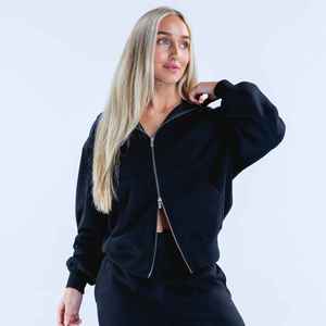 <b>Women's</b> Black Zipper-Up Cropped <b>Sweatshirt</b> Full Sleeve Solid Color Knitted Cotton Autumn Wear <b>V</b>-<b>Neck</b> Breathable Style - Product Image 4