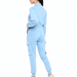 Conjunto Deportivo de Mujer en Azul Claro, Poliéster/Nailon 2 en 1, Estampado Sólido, Sudadera con Media Cremallera, Pantalones Cargo, Ropa Deportiva Casual de Verano - Product Image 6