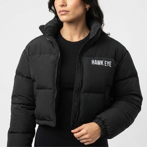Women's Black Quilted <b>Cropped</b> <b>Puffer</b> <b>Jacket</b> Full Zip Stand Collar Winter Outerwear Short Length Fashion <b>Jacket</b> - Product Image 1
