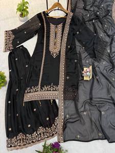 Conjunto indio-pakistaní negro bordado para mujer, kurta larga hasta el suelo, palazzo, dupatta, atuendo de fiesta - Product Image 2