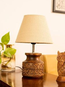 Hand Carved <b>Rustic</b> <b>Table</b> Lamp White Jute Shade Tribal Wooden Pot Base Decorative <b>Bedside</b> Light for Farmhouse Decor - Product Image 3