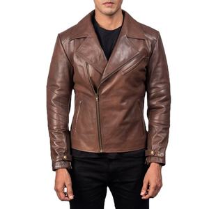 Blouson de motard en cuir marron vieilli pour homme – Coupe ajustée asymétrique, vêtement d'extérieur moto - Product Image 1