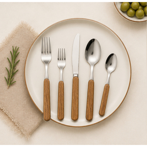 Ensemble de couverts en acier inoxydable avec manches en bois naturel, finition polie miroir, écologique, pour dîners élégants et mariages - Product Image 2