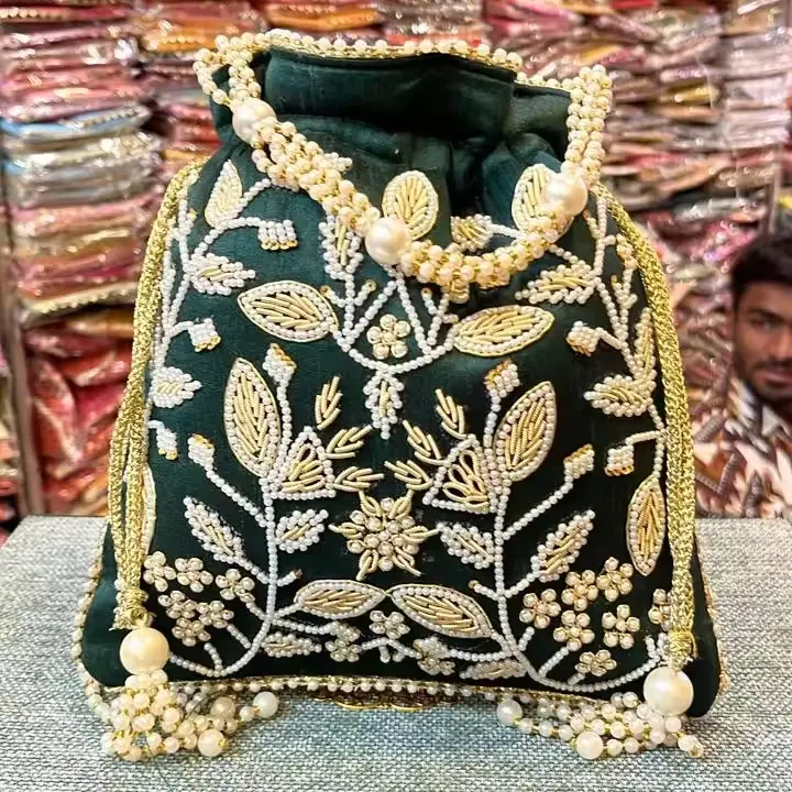 Bolso tradicional indio Zardosi bordado Potli para mujer, bolso de noche para novia, bolso con cordón para recuerdo de boda