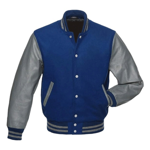 Veste de baseball Varsity sur mesure de qualité supérieure pour homme, en laine bleu roi et cuir de mouton véritable gris, avec logo sur la manche et devant. - Product Image 1