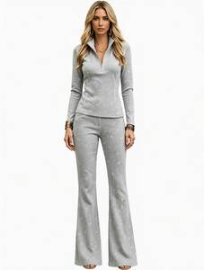 Women's 2 Piece <b>Long</b> <b>Set</b> Zip Up Stand Collar <b>Top</b> <b>And</b> Flare Pants Striped Casual Outfit - Product Image 3